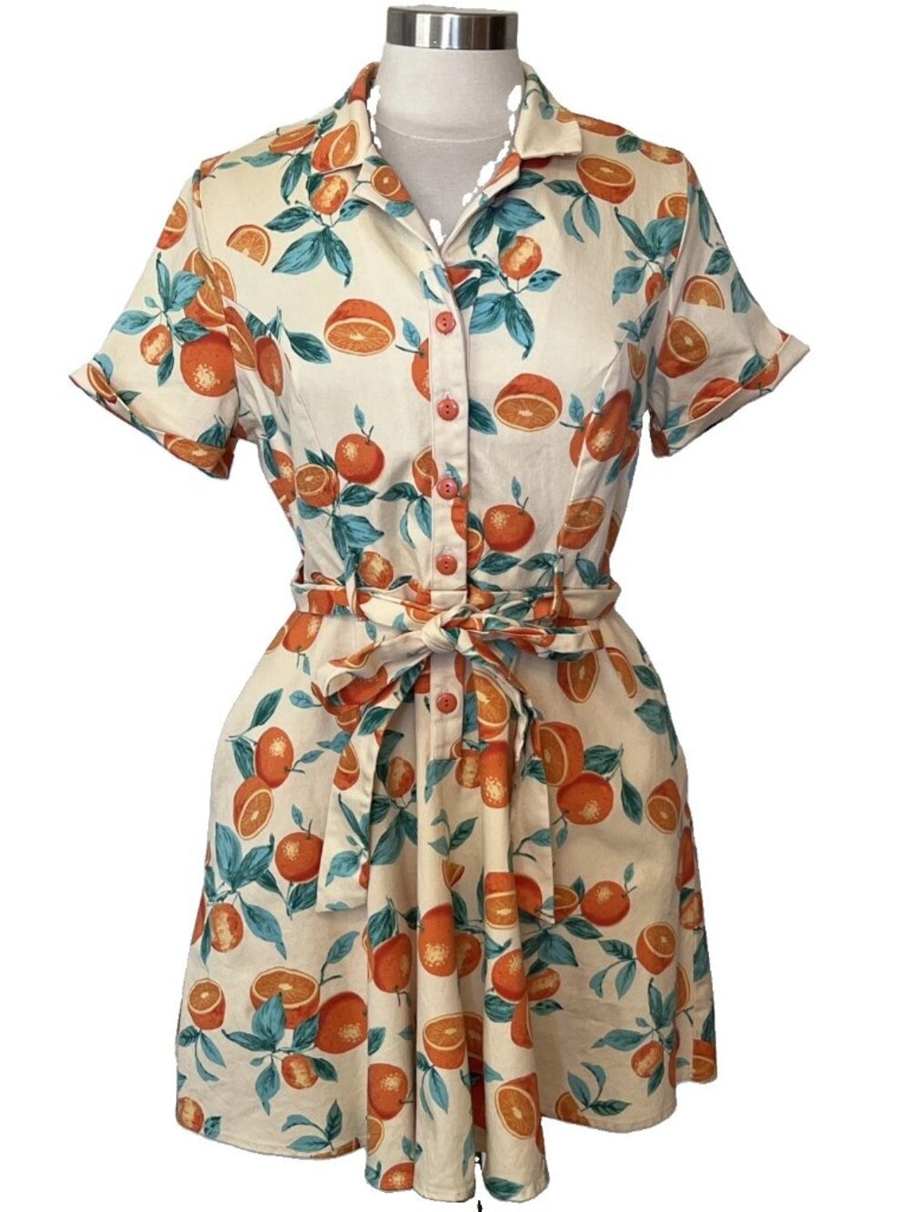 Eva Rose Orange Citrus Fruit Print Button Up Flare Dress Retro Rockabilly XL